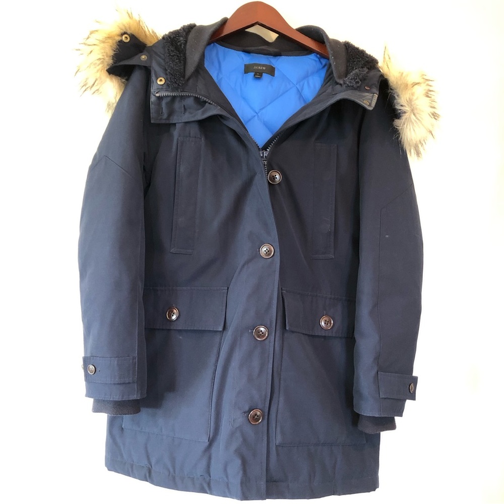 Women's J.Crew Navy blue Nordic Down Parka with Faux Fur Hood Size Medium